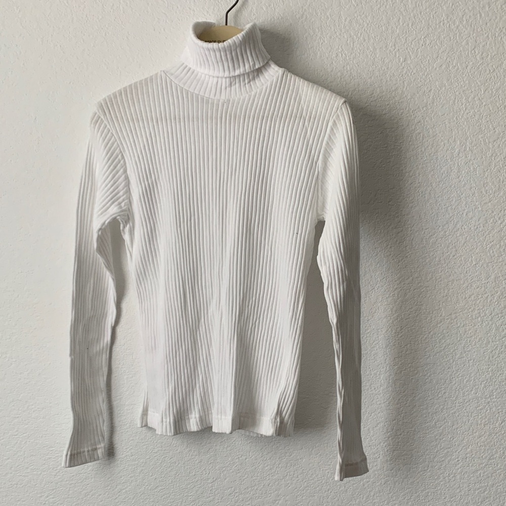 Classic White Ribbed Turtleneck Long Sleeve Top 100% Cotton